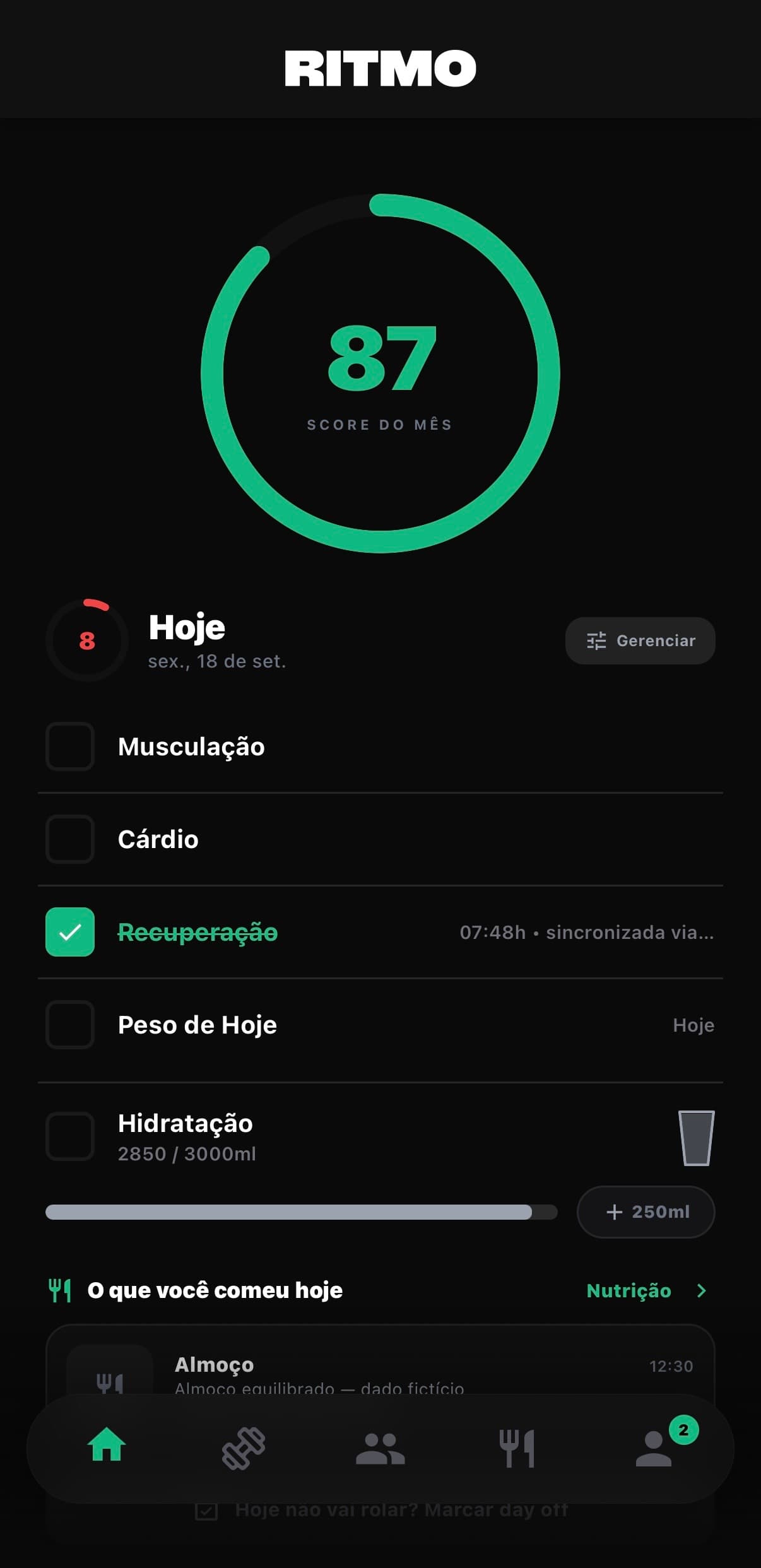 Tela real do Ritmo com score diário, hábitos e recuperação
