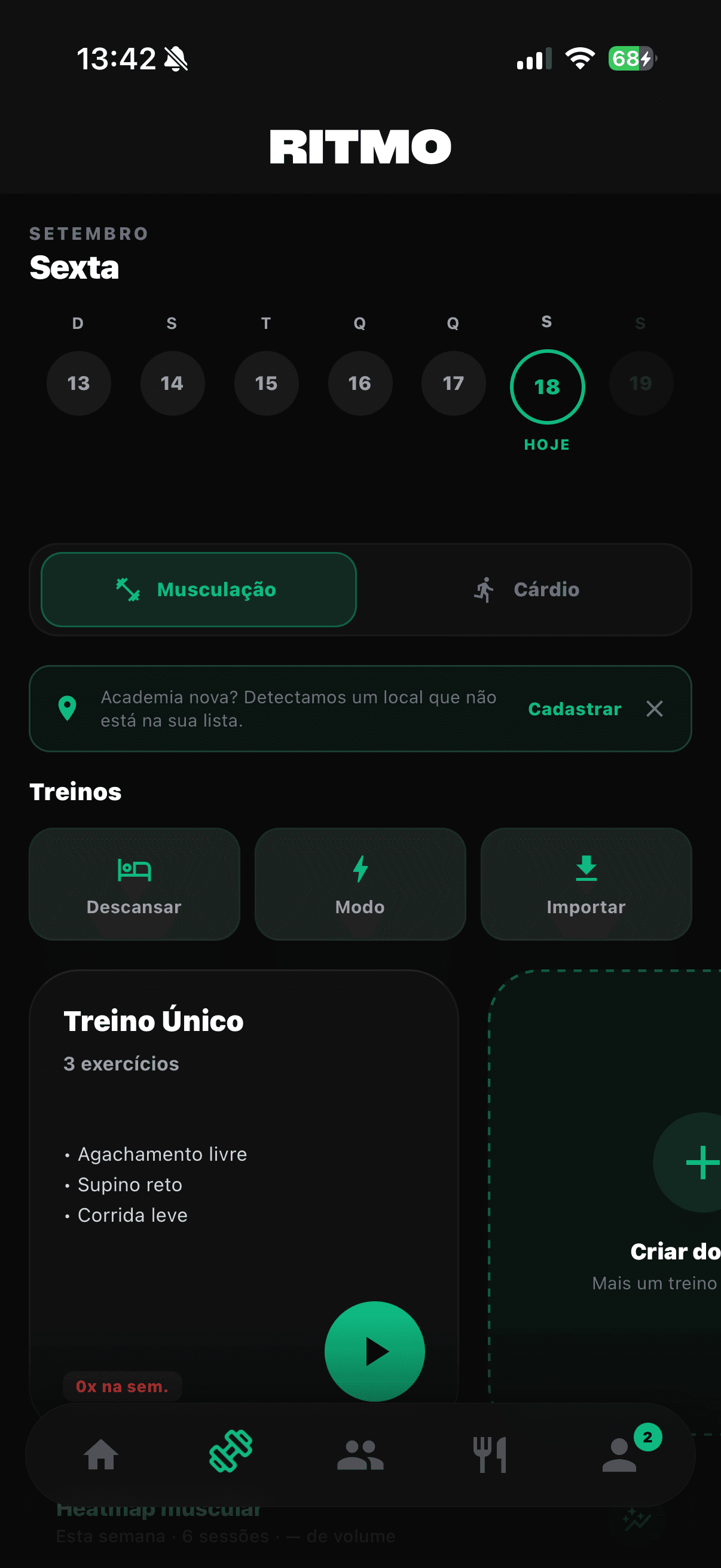 Tela real do Ritmo para planejamento e execução de treino